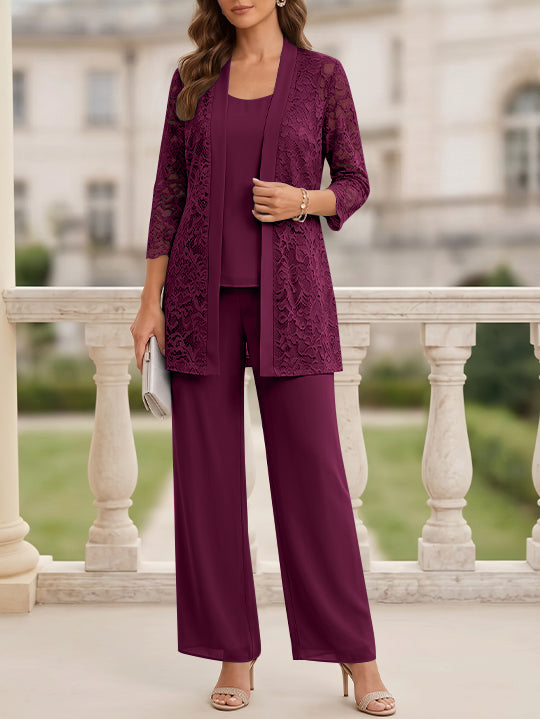 3 Pieces Suit Scoop Chiffon Mother of the Bride Pantsuits with Jacket 3/4 Sleeves Lace Floor-Length