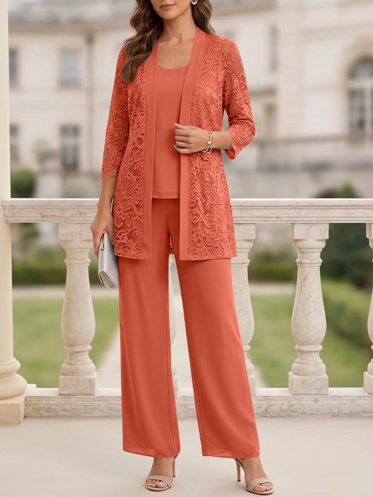 3 Pieces Suit Scoop Chiffon Mother of the Bride Pantsuits with Jacket 3/4 Sleeves Lace Floor-Length