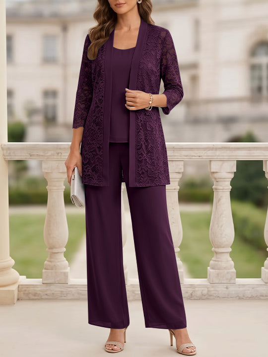 3 Pieces Suit Scoop Chiffon Mother of the Bride Pantsuits with Jacket 3/4 Sleeves Lace Floor-Length