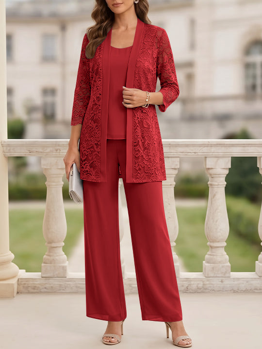 3 Pieces Suit Scoop Chiffon Mother of the Bride Pantsuits with Jacket 3/4 Sleeves Lace Floor-Length