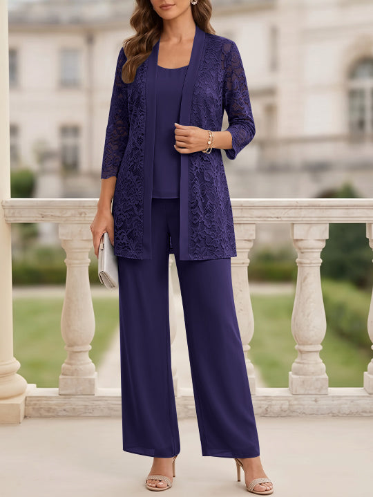 3 Pieces Suit Scoop Chiffon Mother of the Bride Pantsuits with Jacket 3/4 Sleeves Lace Floor-Length