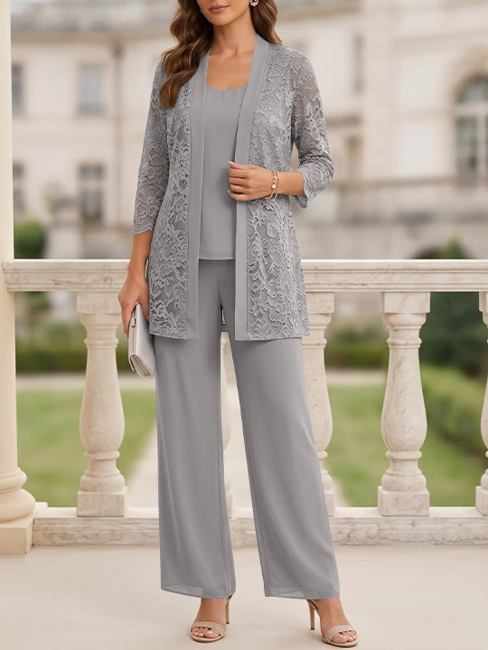 3 Pieces Suit Scoop Chiffon Mother of the Bride Pantsuits with Jacket 3/4 Sleeves Lace Floor-Length