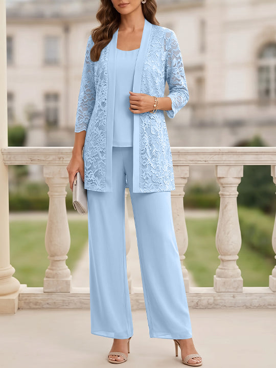 3 Pieces Suit Scoop Chiffon Mother of the Bride Pantsuits with Jacket 3/4 Sleeves Lace Floor-Length