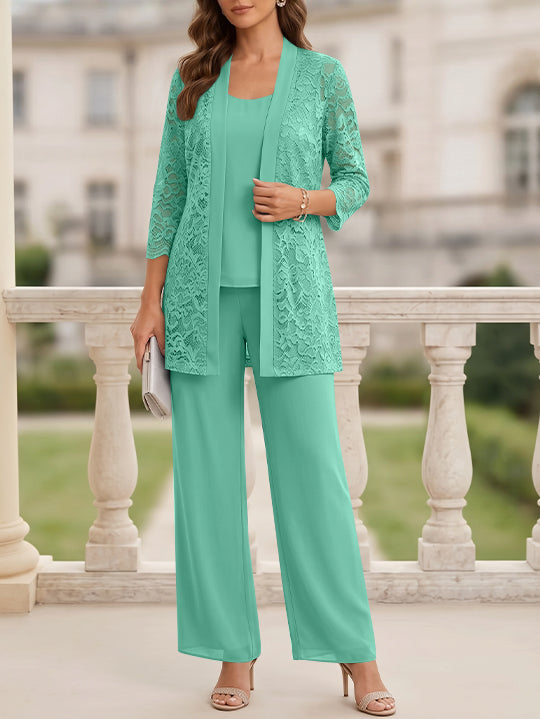 3 Pieces Suit Scoop Chiffon Mother of the Bride Pantsuits with Jacket 3/4 Sleeves Lace Floor-Length