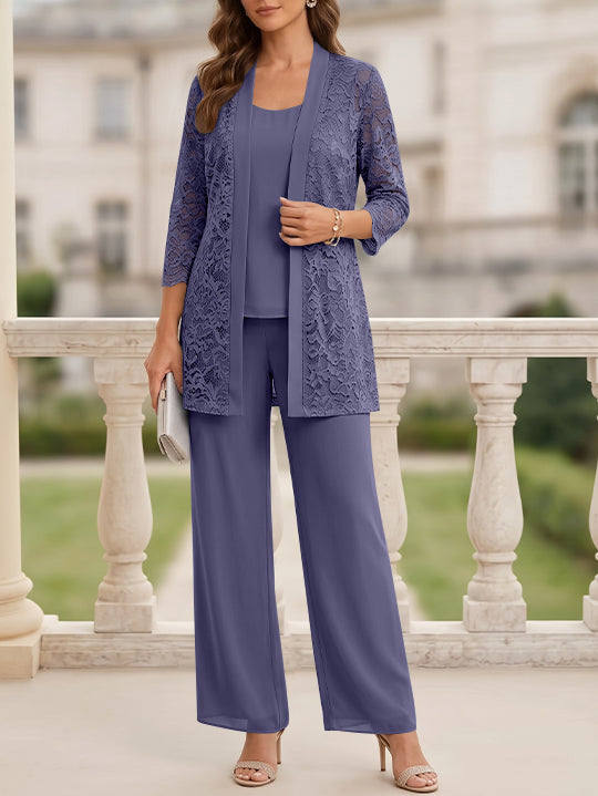 3 Pieces Suit Scoop Chiffon Mother of the Bride Pantsuits with Jacket 3/4 Sleeves Lace Floor-Length