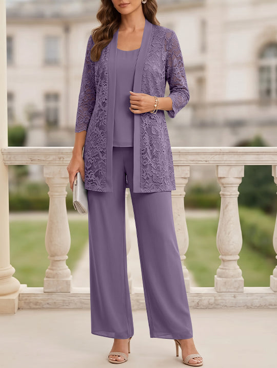 3 Pieces Suit Scoop Chiffon Mother of the Bride Pantsuits with Jacket 3/4 Sleeves Lace Floor-Length