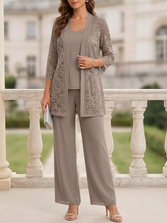3 Pieces Suit Scoop Chiffon Mother of the Bride Pantsuits with Jacket 3/4 Sleeves Lace Floor-Length