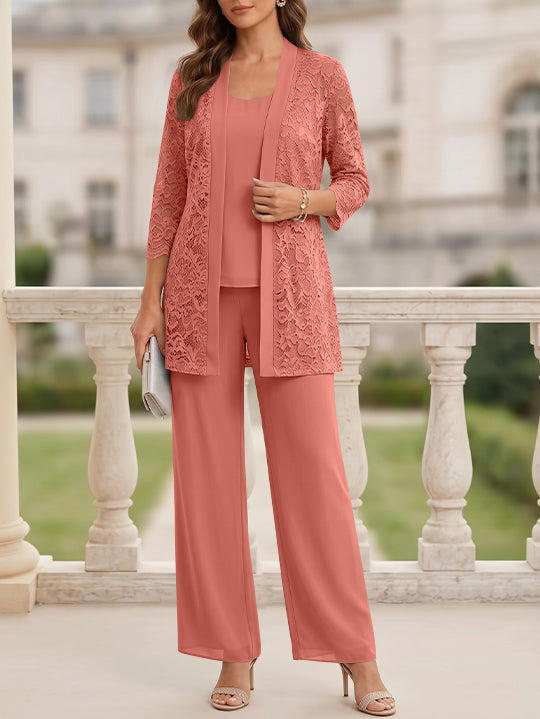 3 Pieces Suit Scoop Chiffon Mother of the Bride Pantsuits with Jacket 3/4 Sleeves Lace Floor-Length