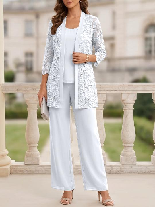 3 Pieces Suit Scoop Chiffon Mother of the Bride Pantsuits with Jacket 3/4 Sleeves Lace Floor-Length