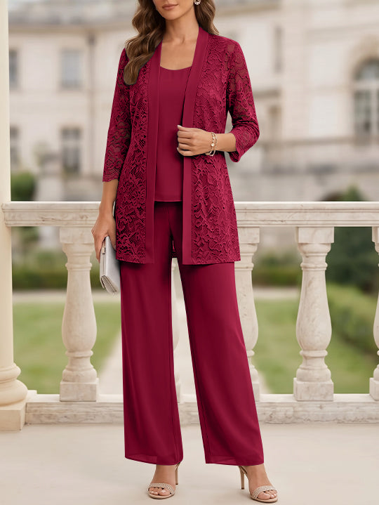 3 Pieces Suit Scoop Chiffon Mother of the Bride Pantsuits with Jacket 3/4 Sleeves Lace Floor-Length