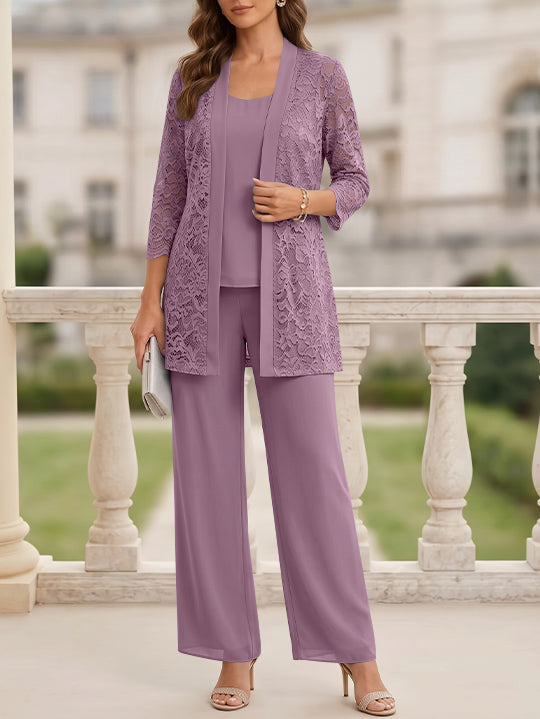 3 Pieces Suit Scoop Chiffon Mother of the Bride Pantsuits with Jacket 3/4 Sleeves Lace Floor-Length