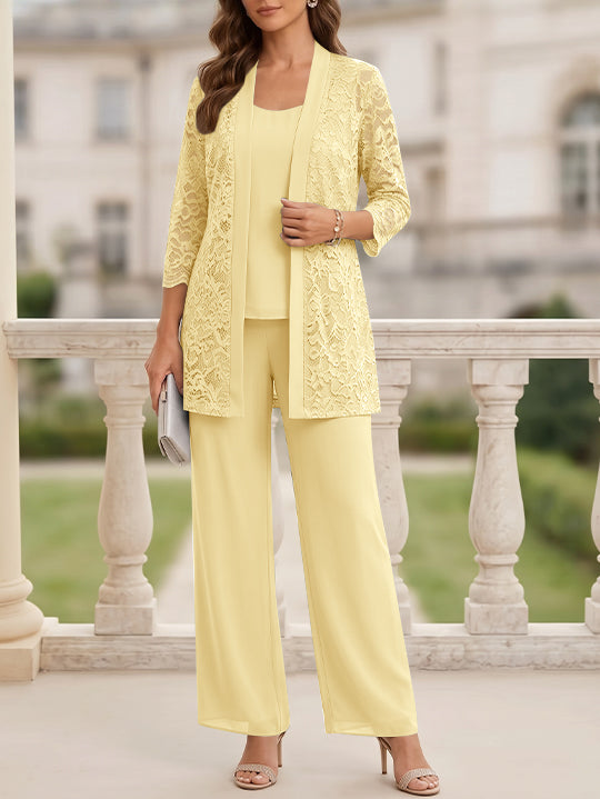 3 Pieces Suit Scoop Chiffon Mother of the Bride Pantsuits with Jacket 3/4 Sleeves Lace Floor-Length