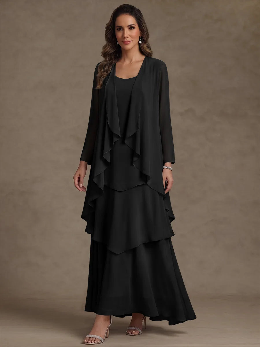 A-Line/Princess Scoop Chiffon Mother of the Bride Dresses with Jacket & Ruffles Long Sleeves Ankle-Length