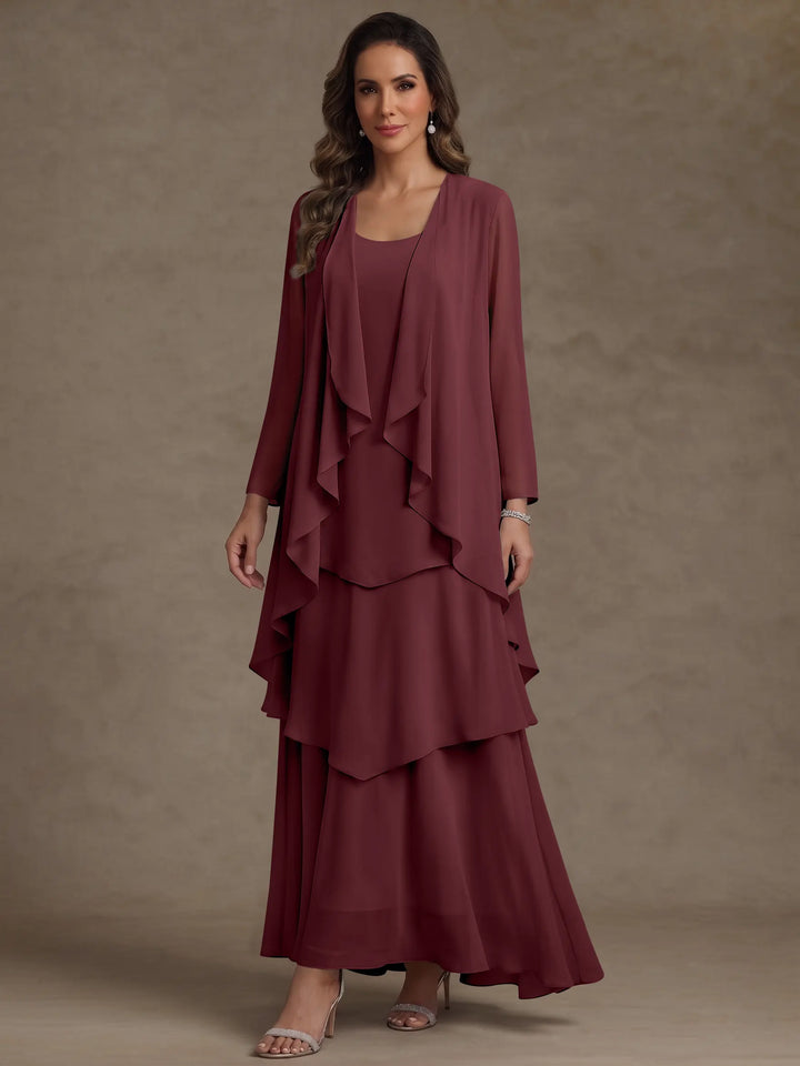 A-Line/Princess Scoop Chiffon Mother of the Bride Dresses with Jacket & Ruffles Long Sleeves Ankle-Length