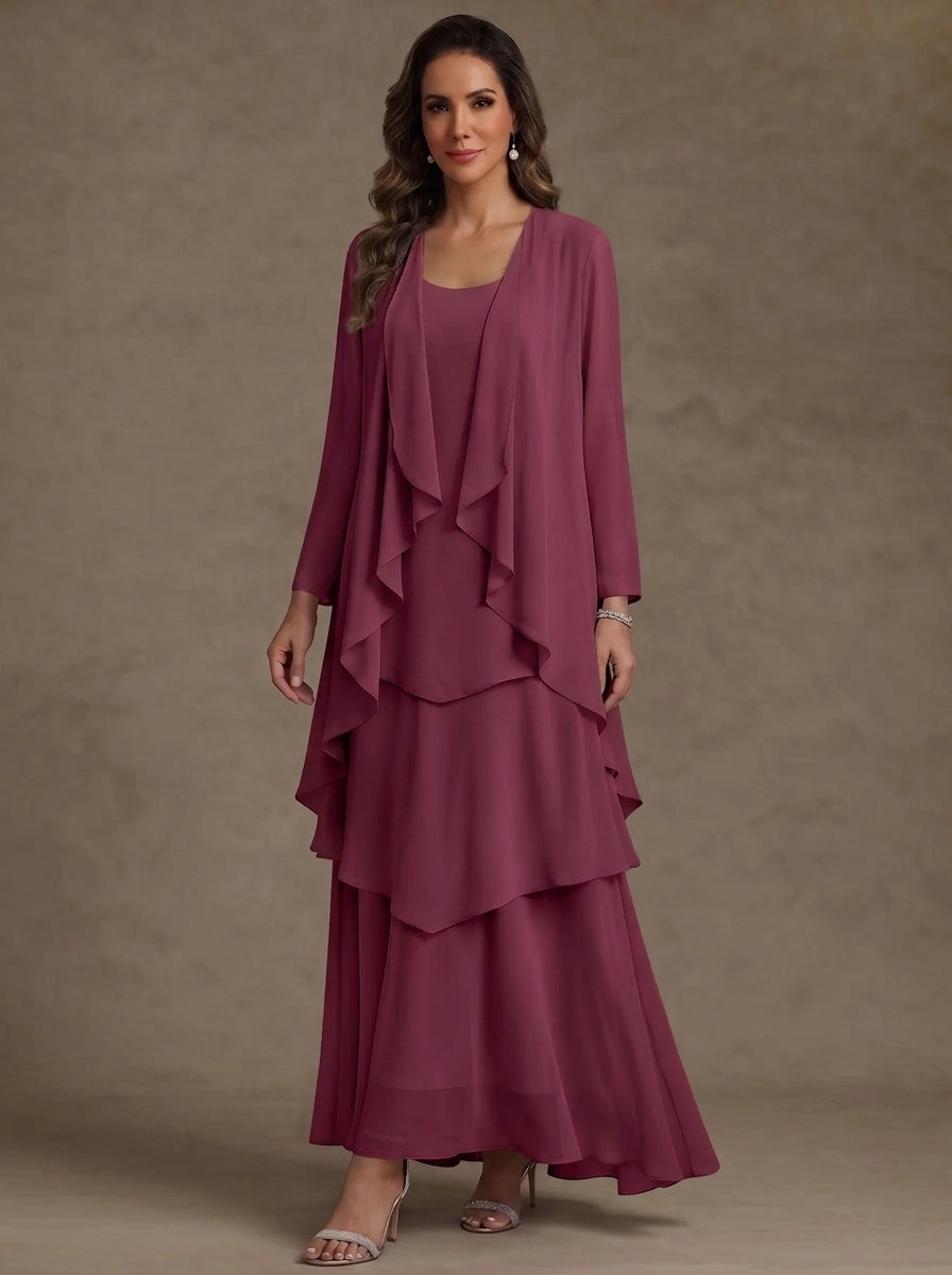 A-Line/Princess Scoop Chiffon Mother of the Bride Dresses with Jacket & Ruffles Long Sleeves Ankle-Length