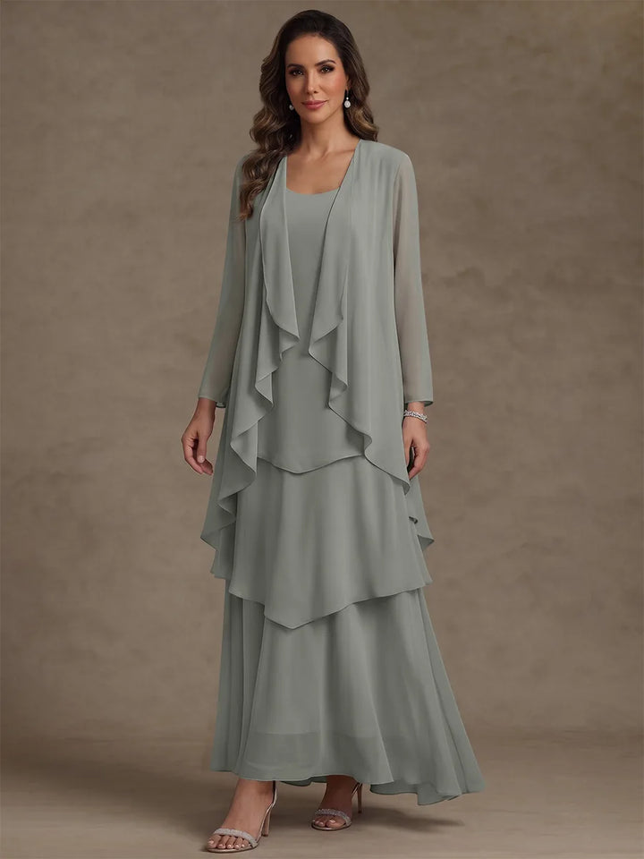 A-Line/Princess Scoop Chiffon Mother of the Bride Dresses with Jacket & Ruffles Long Sleeves Ankle-Length
