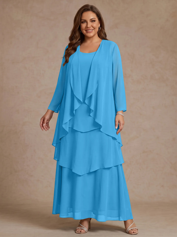 A-Line/Princess Scoop Chiffon Plus Size Mother of the Bride Dresses with Jacket & Ruffles Long Sleeves Ankle-Length