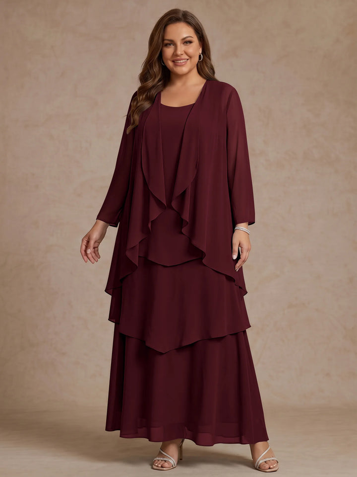 A-Line/Princess Scoop Chiffon Plus Size Mother of the Bride Dresses with Jacket & Ruffles Long Sleeves Ankle-Length