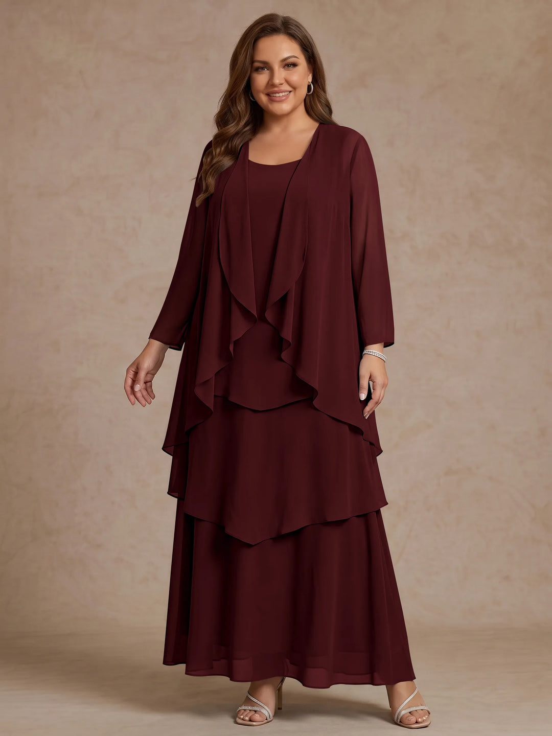 A-Line/Princess Scoop Chiffon Plus Size Mother of the Bride Dresses with Jacket & Ruffles Long Sleeves Ankle-Length