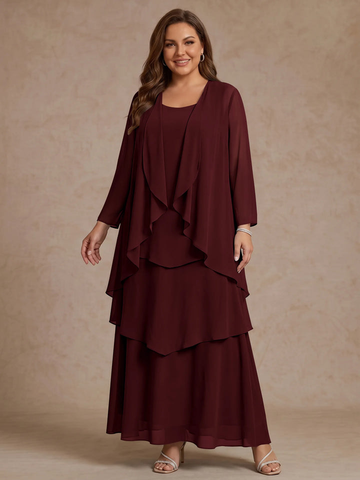 A-Line/Princess Scoop Chiffon Plus Size Mother of the Bride Dresses with Jacket & Ruffles Long Sleeves Ankle-Length