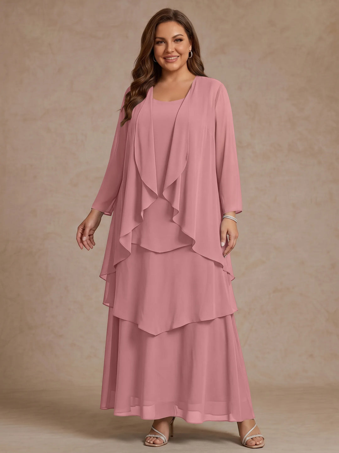 A-Line/Princess Scoop Chiffon Plus Size Mother of the Bride Dresses with Jacket & Ruffles Long Sleeves Ankle-Length