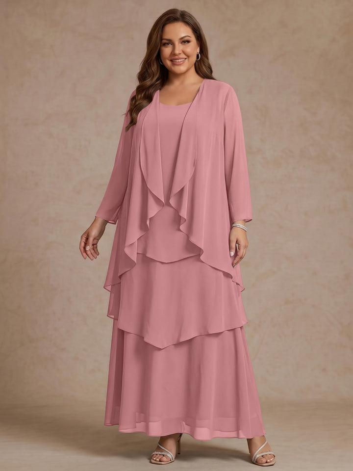 A-Line/Princess Scoop Chiffon Plus Size Mother of the Bride Dresses with Jacket & Ruffles Long Sleeves Ankle-Length
