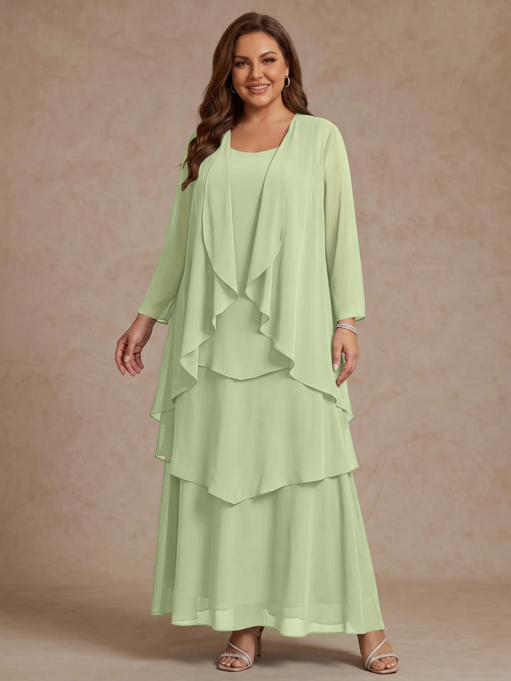 A-Line/Princess Scoop Chiffon Plus Size Mother of the Bride Dresses with Jacket & Ruffles Long Sleeves Ankle-Length
