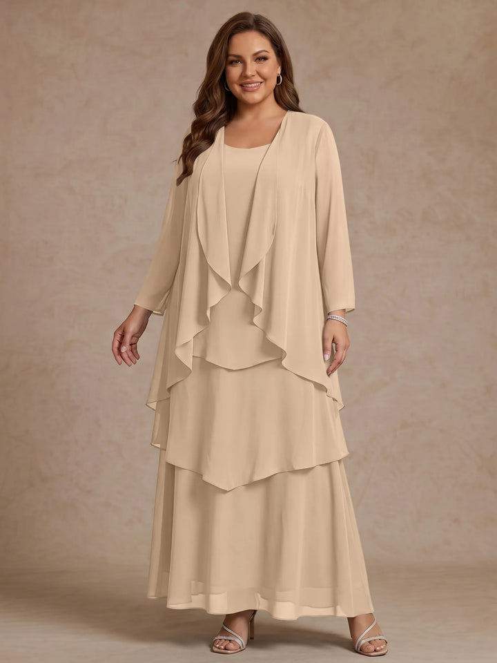 A-Line/Princess Scoop Chiffon Plus Size Mother of the Bride Dresses with Jacket & Ruffles Long Sleeves Ankle-Length