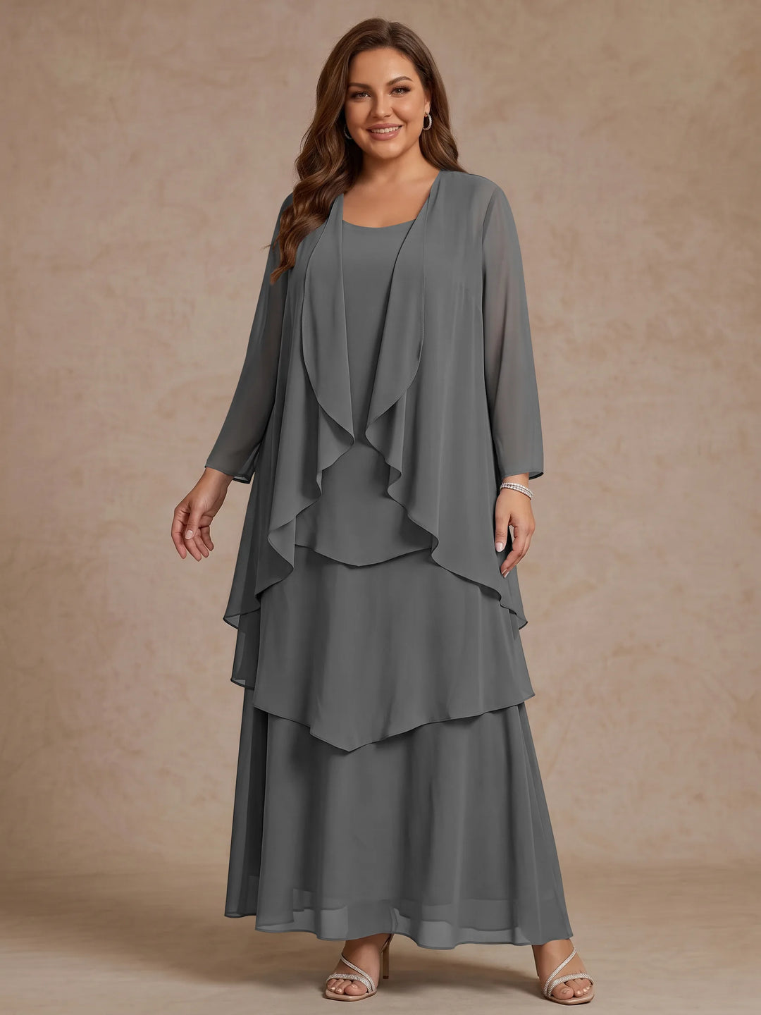 A-Line/Princess Scoop Chiffon Plus Size Mother of the Bride Dresses with Jacket & Ruffles Long Sleeves Ankle-Length