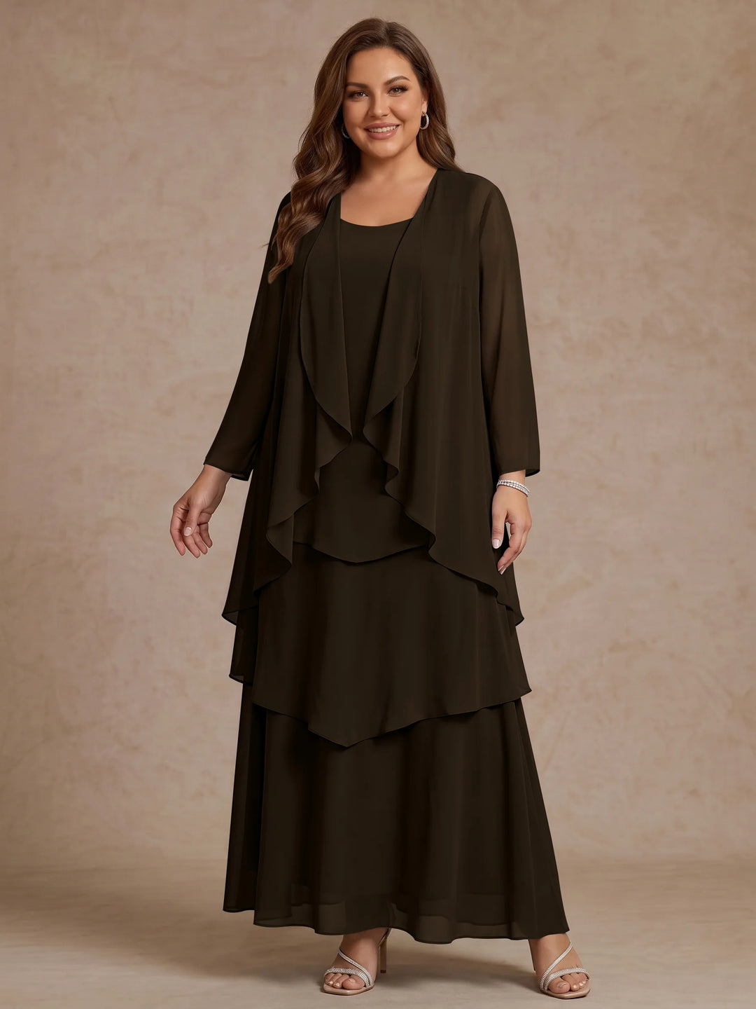 A-Line/Princess Scoop Chiffon Plus Size Mother of the Bride Dresses with Jacket & Ruffles Long Sleeves Ankle-Length