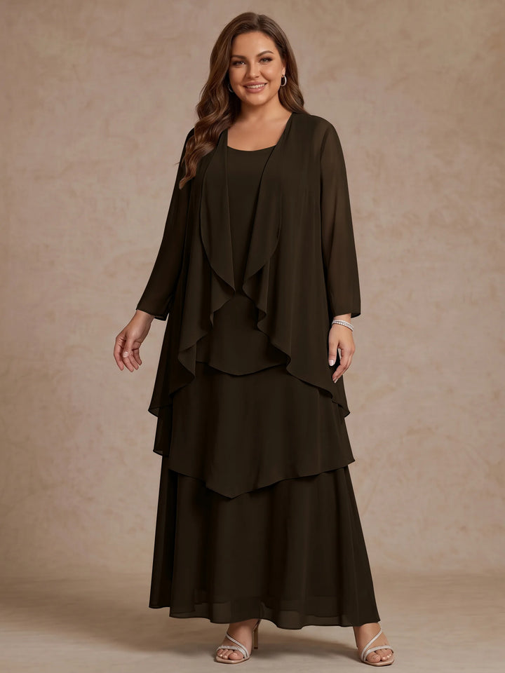 A-Line/Princess Scoop Chiffon Plus Size Mother of the Bride Dresses with Jacket & Ruffles Long Sleeves Ankle-Length