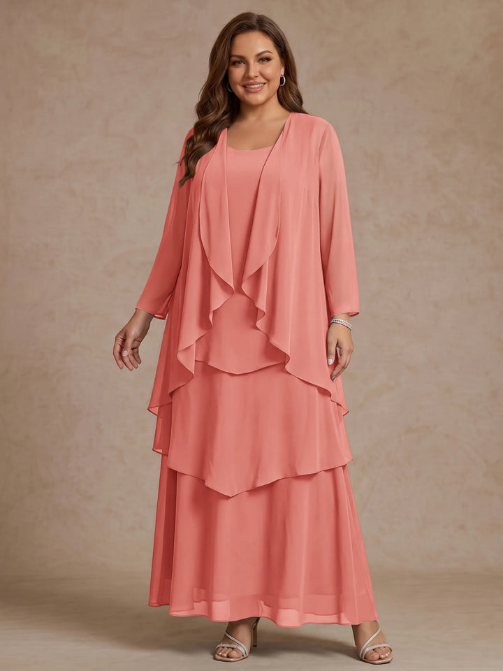 A-Line/Princess Scoop Chiffon Plus Size Mother of the Bride Dresses with Jacket & Ruffles Long Sleeves Ankle-Length