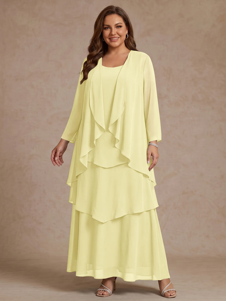 A-Line/Princess Scoop Chiffon Plus Size Mother of the Bride Dresses with Jacket & Ruffles Long Sleeves Ankle-Length