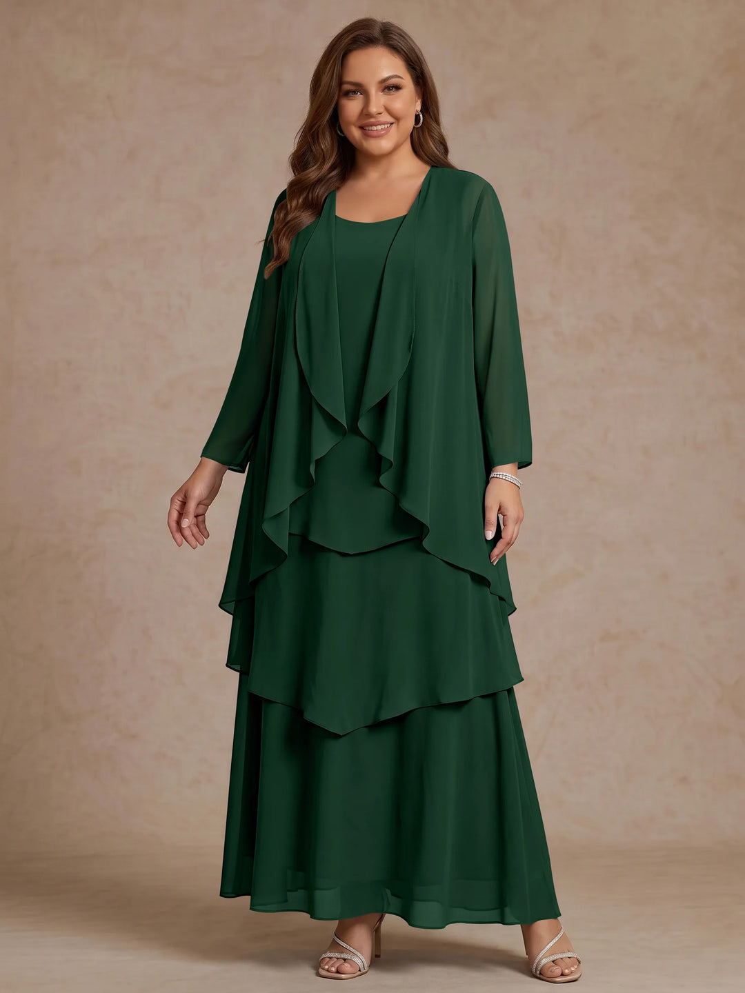 A-Line/Princess Scoop Chiffon Plus Size Mother of the Bride Dresses with Jacket & Ruffles Long Sleeves Ankle-Length