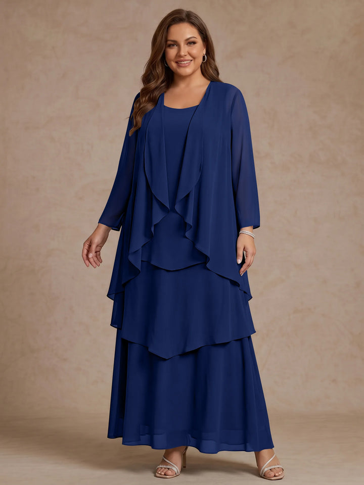 A-Line/Princess Scoop Chiffon Plus Size Mother of the Bride Dresses with Jacket & Ruffles Long Sleeves Ankle-Length