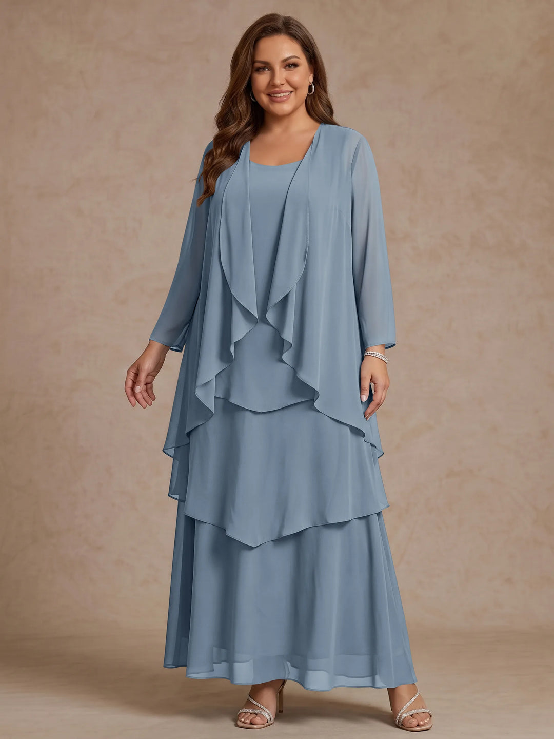 A-Line/Princess Scoop Chiffon Plus Size Mother of the Bride Dresses with Jacket & Ruffles Long Sleeves Ankle-Length
