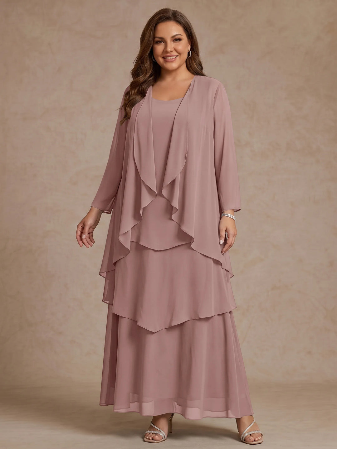 A-Line/Princess Scoop Chiffon Plus Size Mother of the Bride Dresses with Jacket & Ruffles Long Sleeves Ankle-Length
