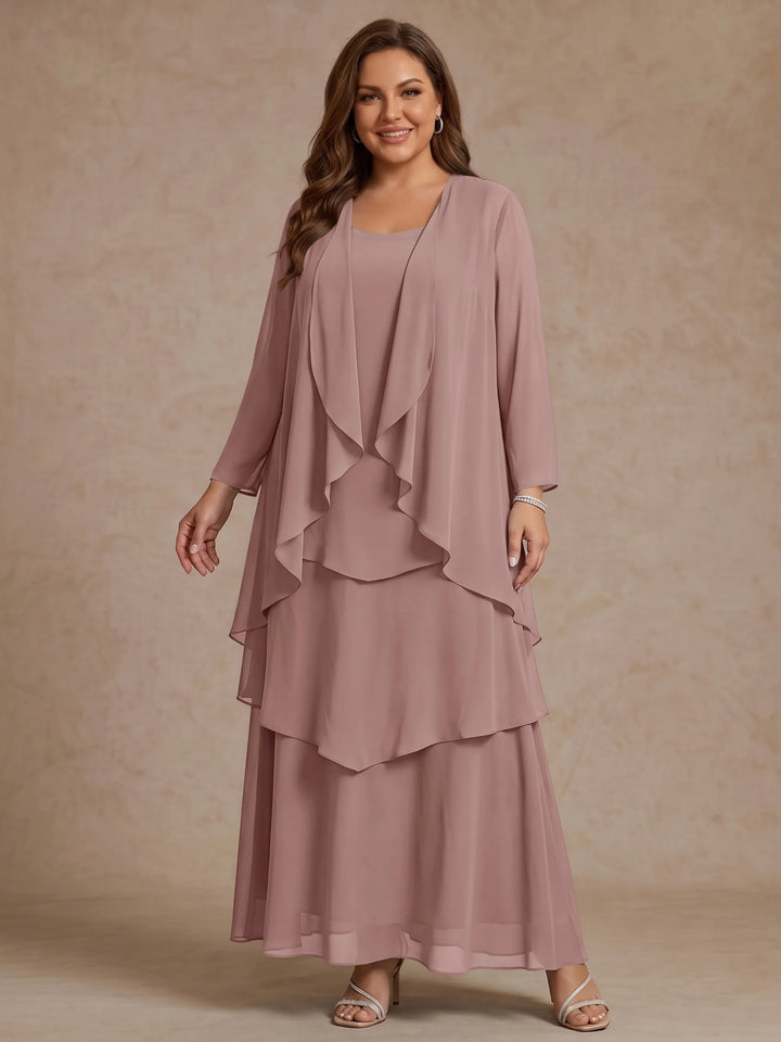 A-Line/Princess Scoop Chiffon Plus Size Mother of the Bride Dresses with Jacket & Ruffles Long Sleeves Ankle-Length