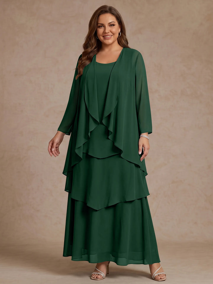 A-Line/Princess Scoop Chiffon Plus Size Mother of the Bride Dresses with Jacket & Ruffles Long Sleeves Ankle-Length