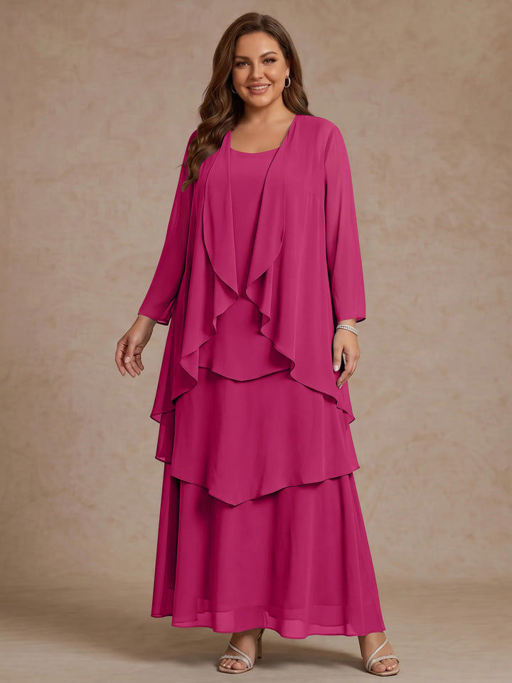 A-Line/Princess Scoop Chiffon Plus Size Mother of the Bride Dresses with Jacket & Ruffles Long Sleeves Ankle-Length