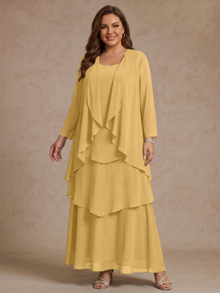 A-Line/Princess Scoop Chiffon Plus Size Mother of the Bride Dresses with Jacket & Ruffles Long Sleeves Ankle-Length