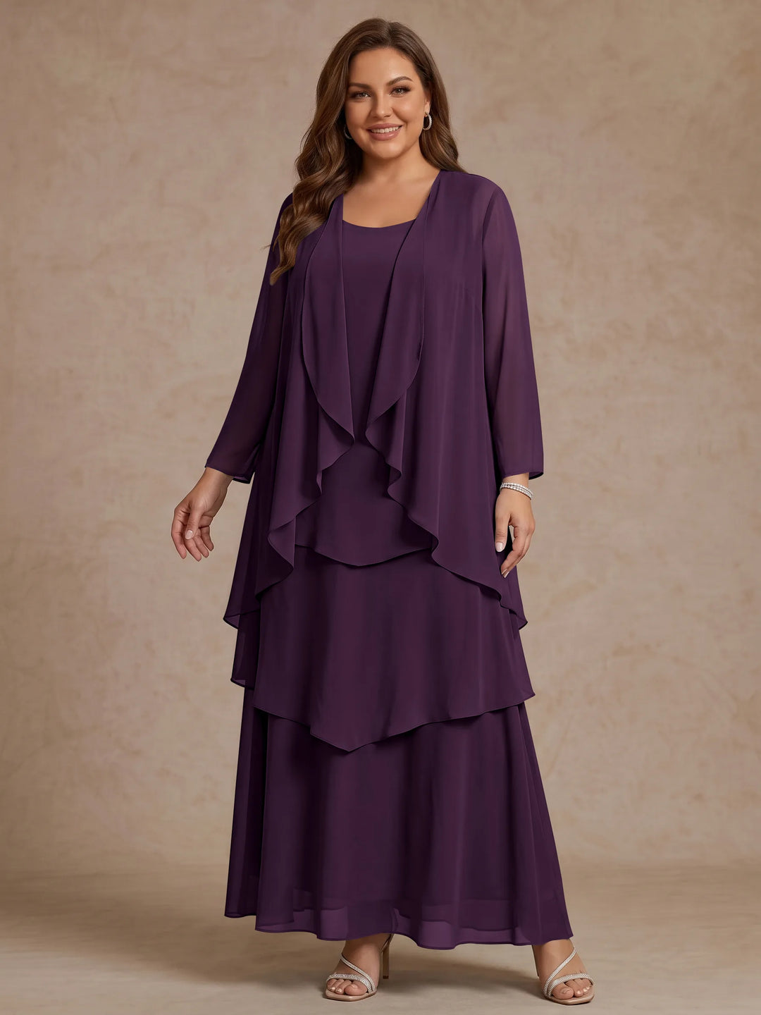A-Line/Princess Scoop Chiffon Plus Size Mother of the Bride Dresses with Jacket & Ruffles Long Sleeves Ankle-Length