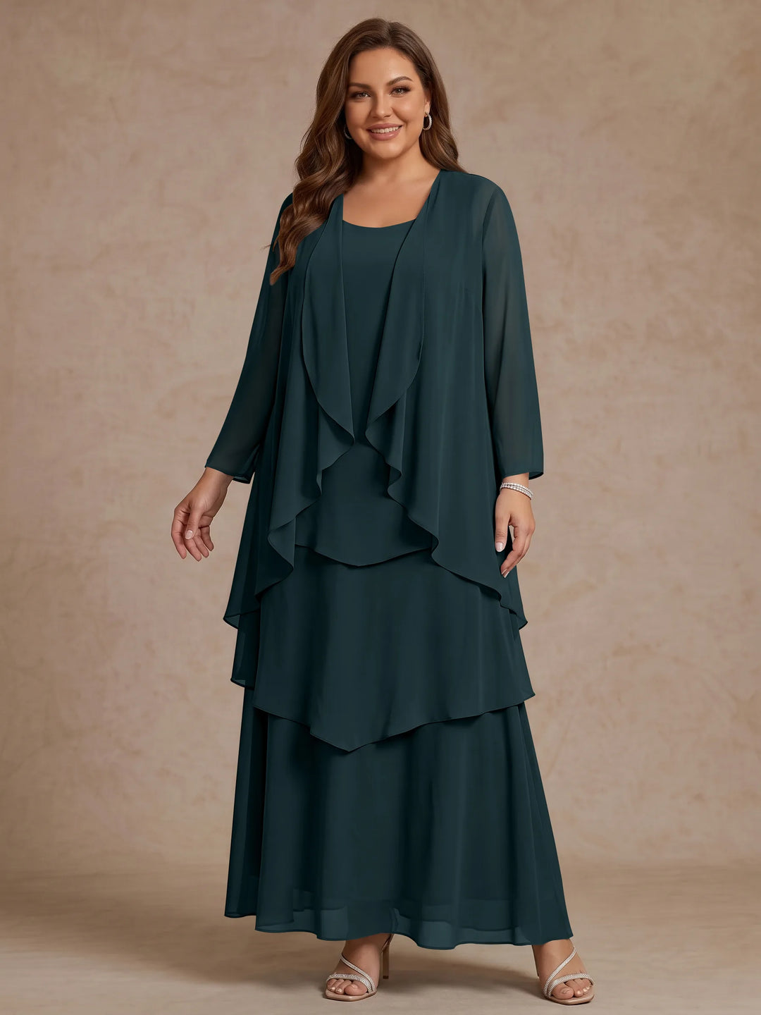 A-Line/Princess Scoop Chiffon Plus Size Mother of the Bride Dresses with Jacket & Ruffles Long Sleeves Ankle-Length