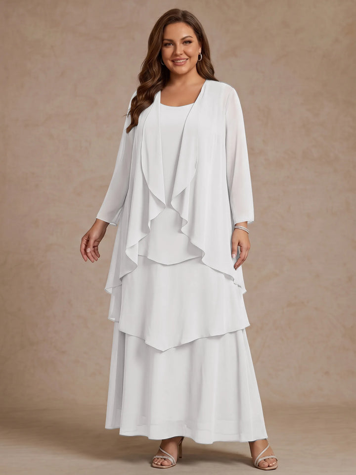 A-Line/Princess Scoop Chiffon Plus Size Mother of the Bride Dresses with Jacket & Ruffles Long Sleeves Ankle-Length
