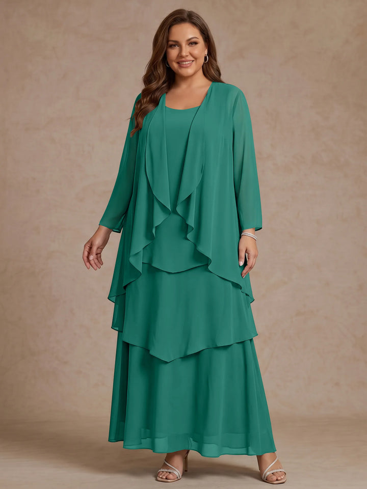 A-Line/Princess Scoop Chiffon Plus Size Mother of the Bride Dresses with Jacket & Ruffles Long Sleeves Ankle-Length