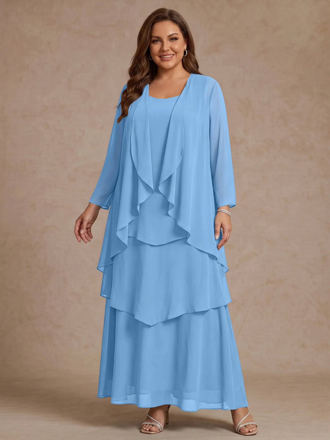 A-Line/Princess Scoop Chiffon Plus Size Mother of the Bride Dresses with Jacket & Ruffles Long Sleeves Ankle-Length