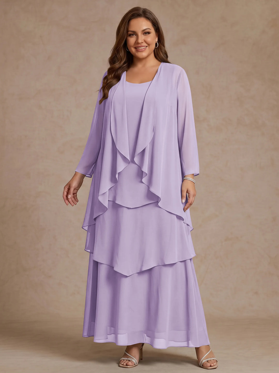 A-Line/Princess Scoop Chiffon Plus Size Mother of the Bride Dresses with Jacket & Ruffles Long Sleeves Ankle-Length
