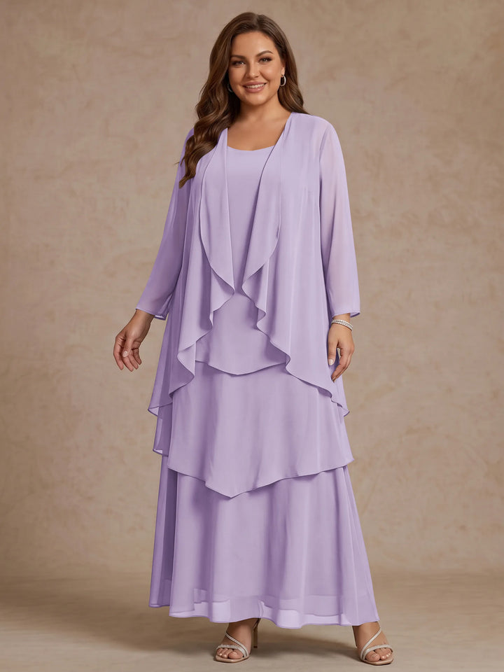 A-Line/Princess Scoop Chiffon Plus Size Mother of the Bride Dresses with Jacket & Ruffles Long Sleeves Ankle-Length