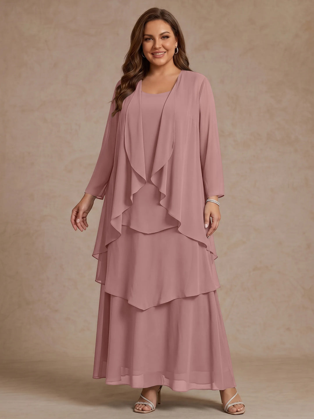 A-Line/Princess Scoop Chiffon Plus Size Mother of the Bride Dresses with Jacket & Ruffles Long Sleeves Ankle-Length
