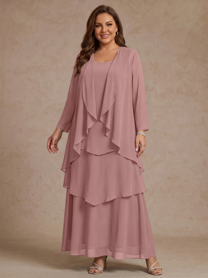 A-Line/Princess Scoop Chiffon Plus Size Mother of the Bride Dresses with Jacket & Ruffles Long Sleeves Ankle-Length